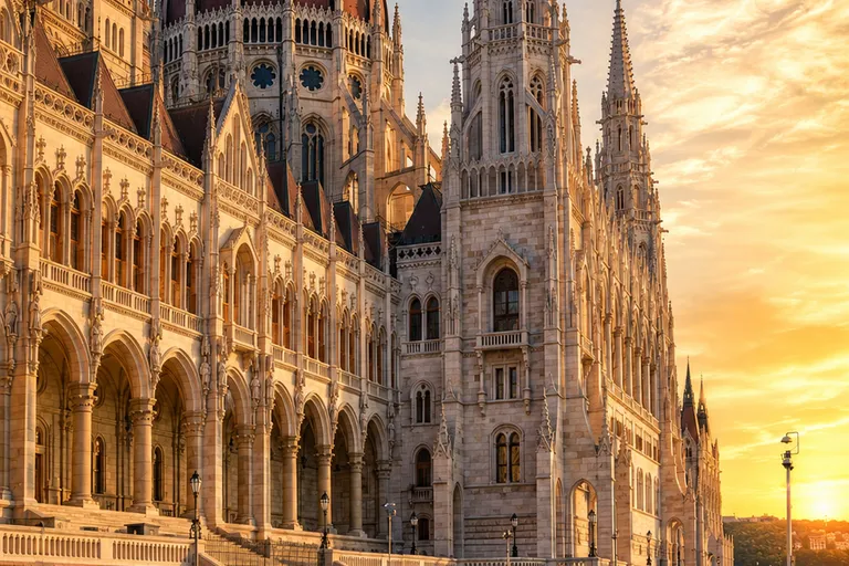 Hungarian Parliament Building in Budapest glowing at sunset
