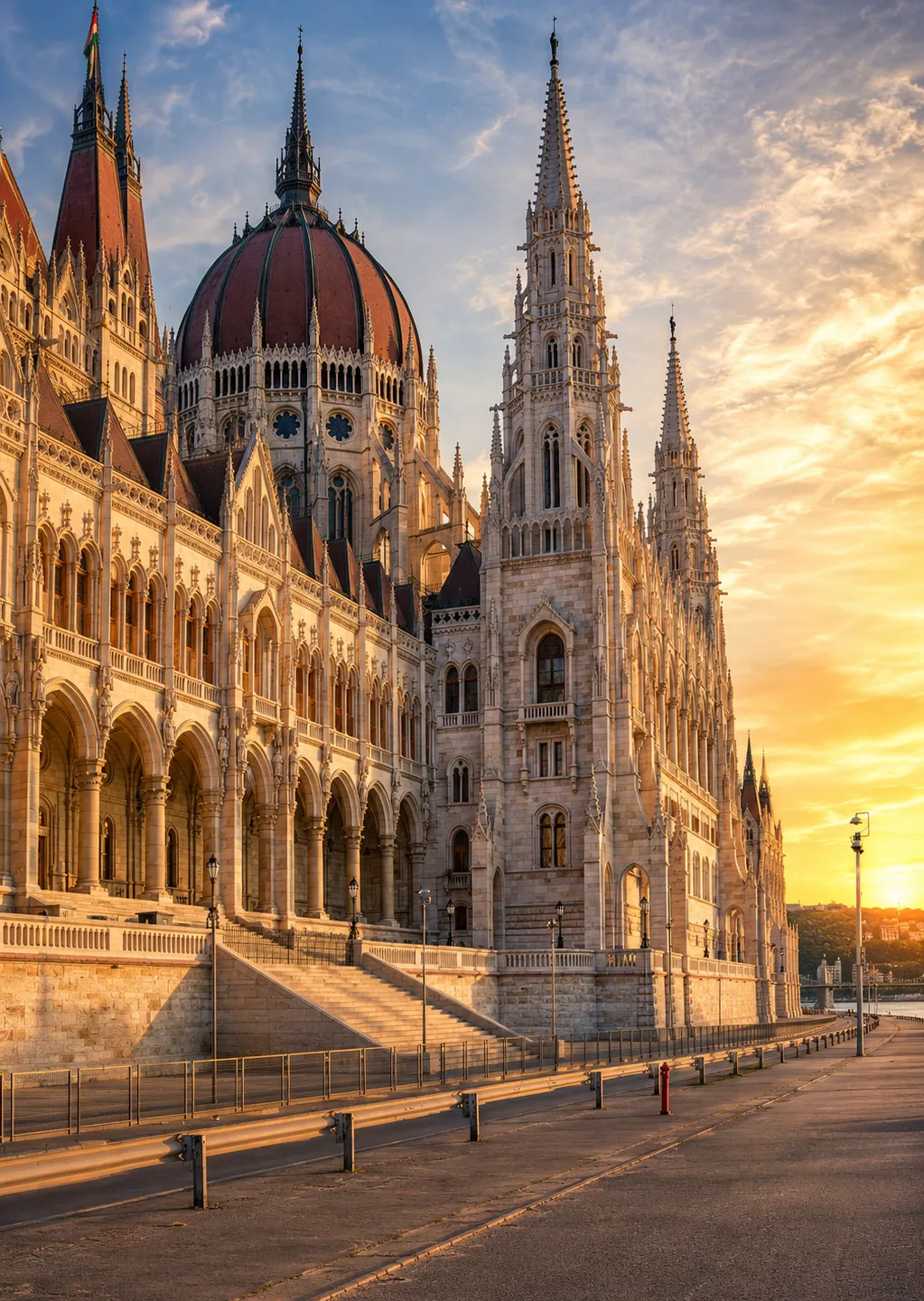 Hungarian Parliament Building in Budapest glowing at sunset