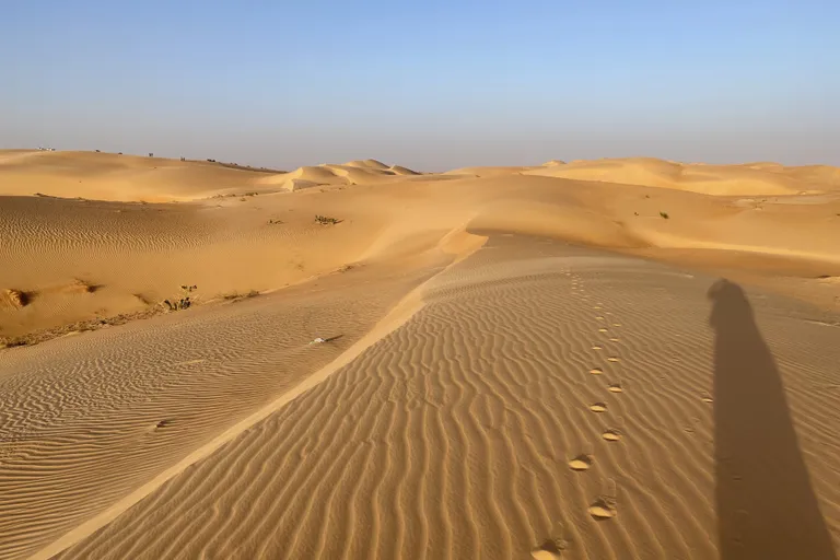 Footprints and long shadows across sand dunes near Chinguetti