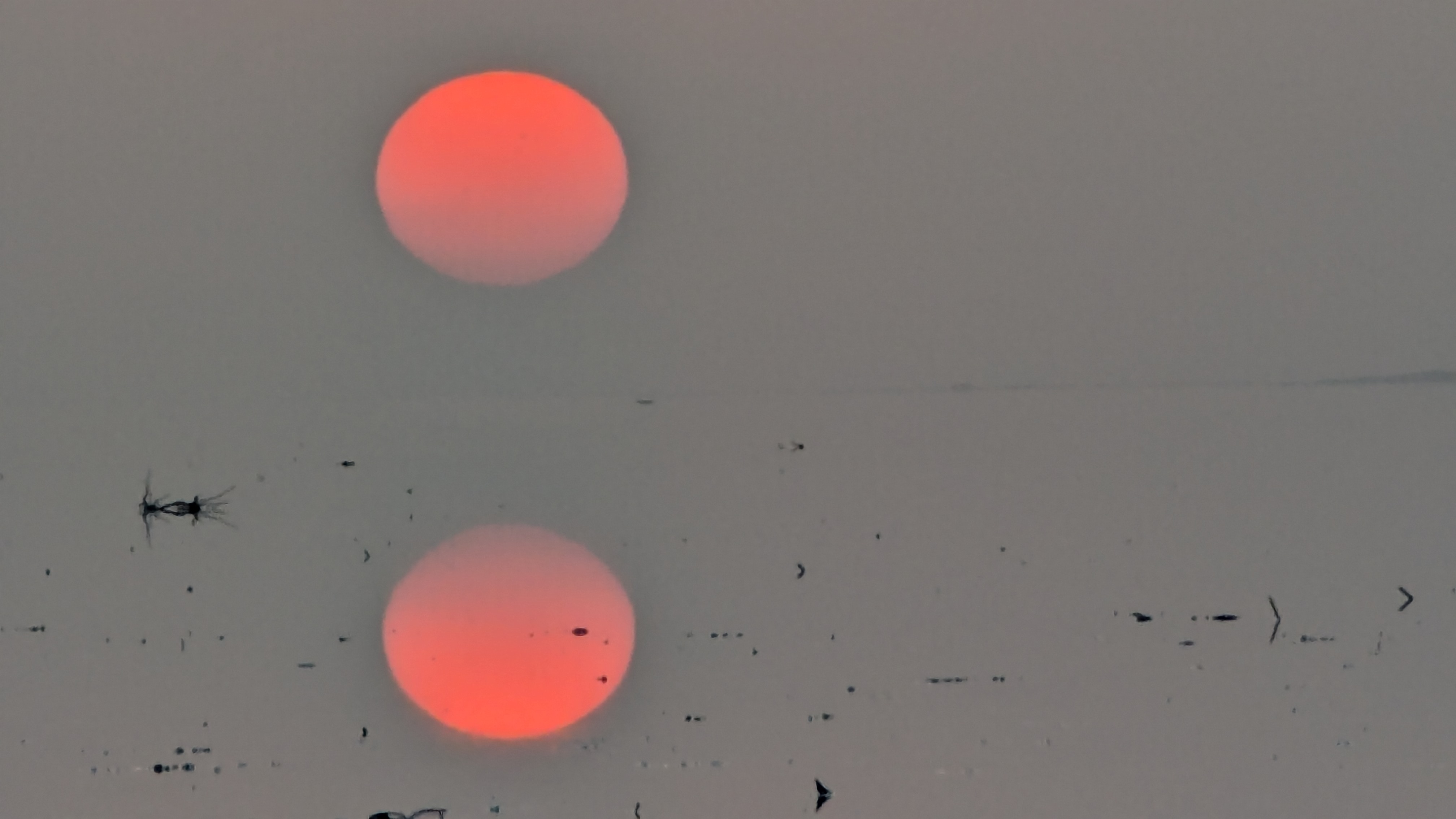 Large red sun setting low over the hazy Danakil salt flats with its reflection