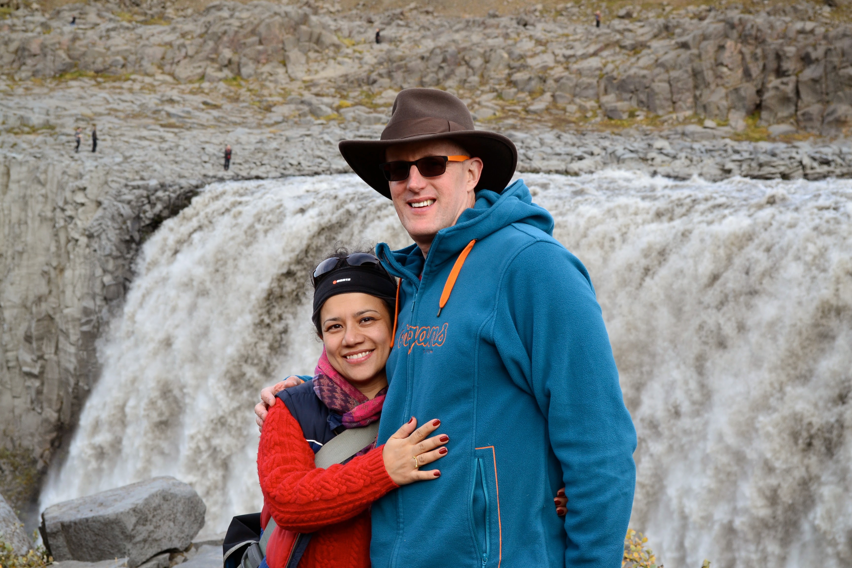 Visitors standing in front of Dettifoss waterfall