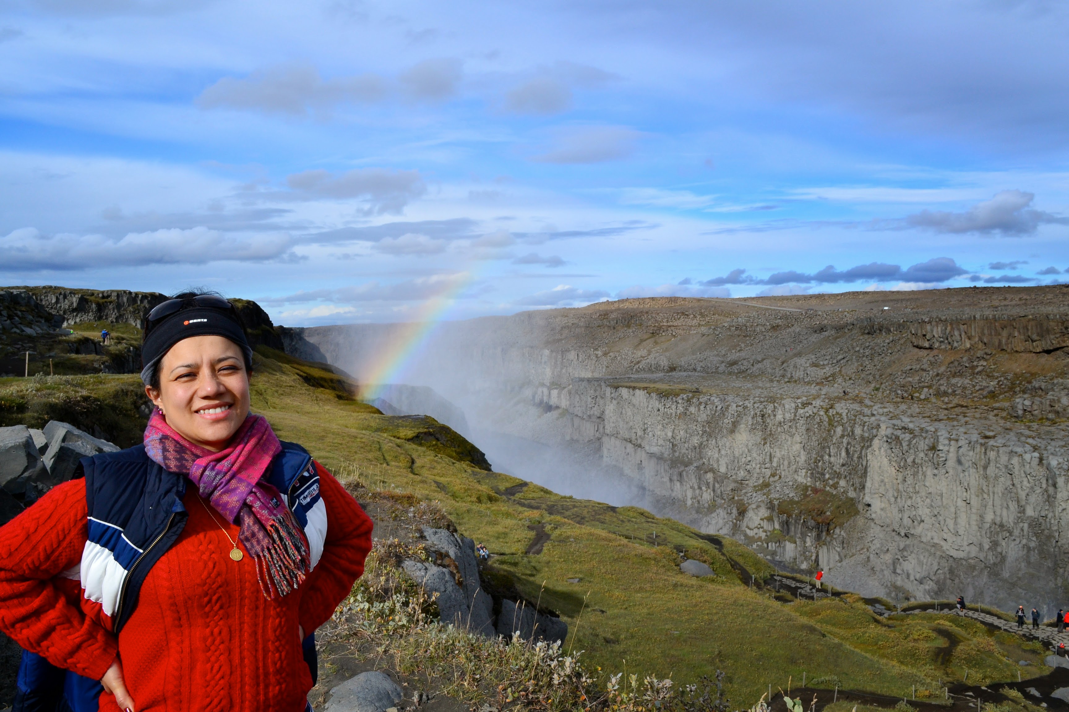 Rainbow and canyon mist rising from Dettifoss in Iceland
