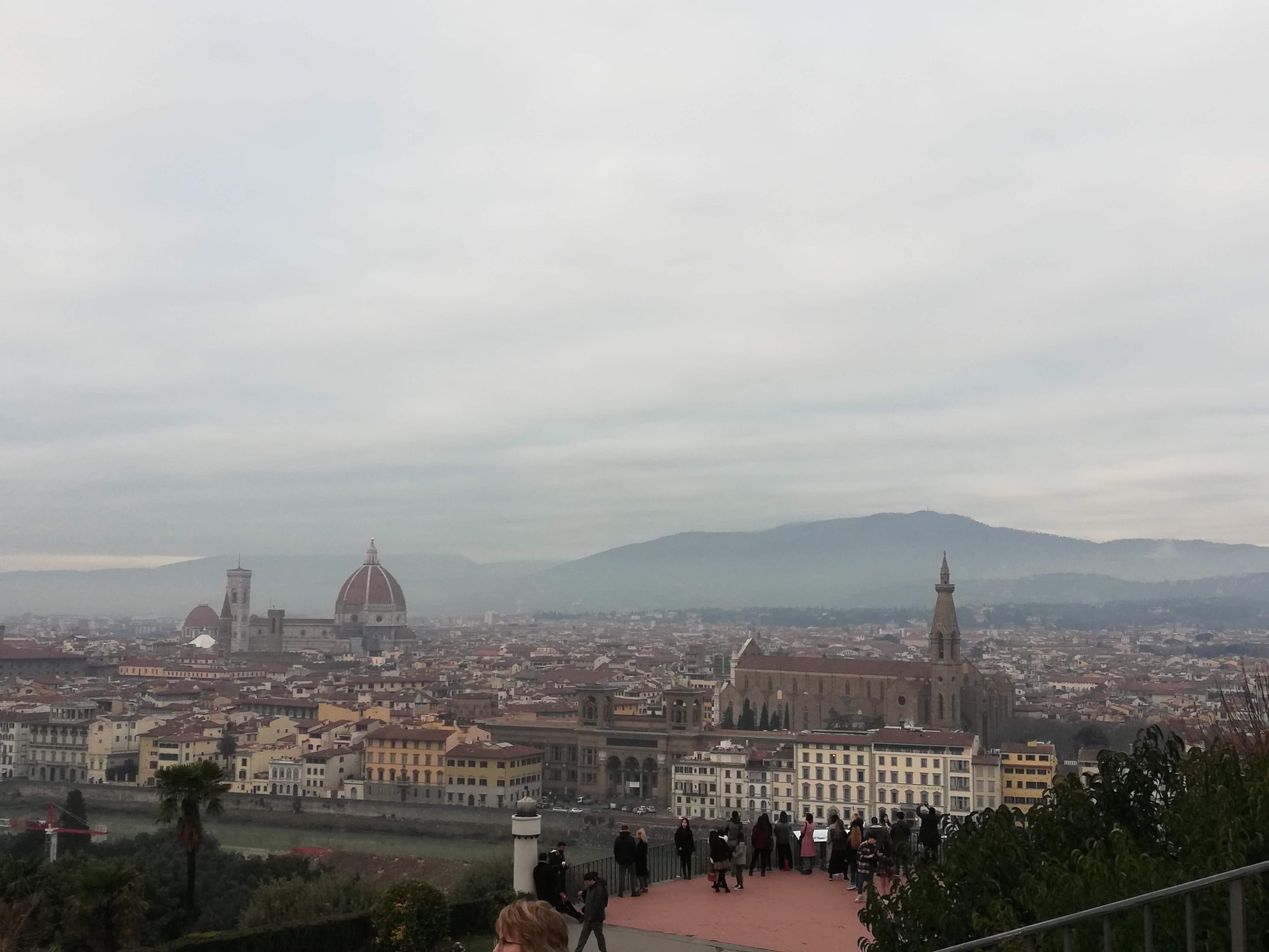 Florence skyline from Piazzale Michelangelo with the Duomo, Santa Croce, and a busy viewing terrace