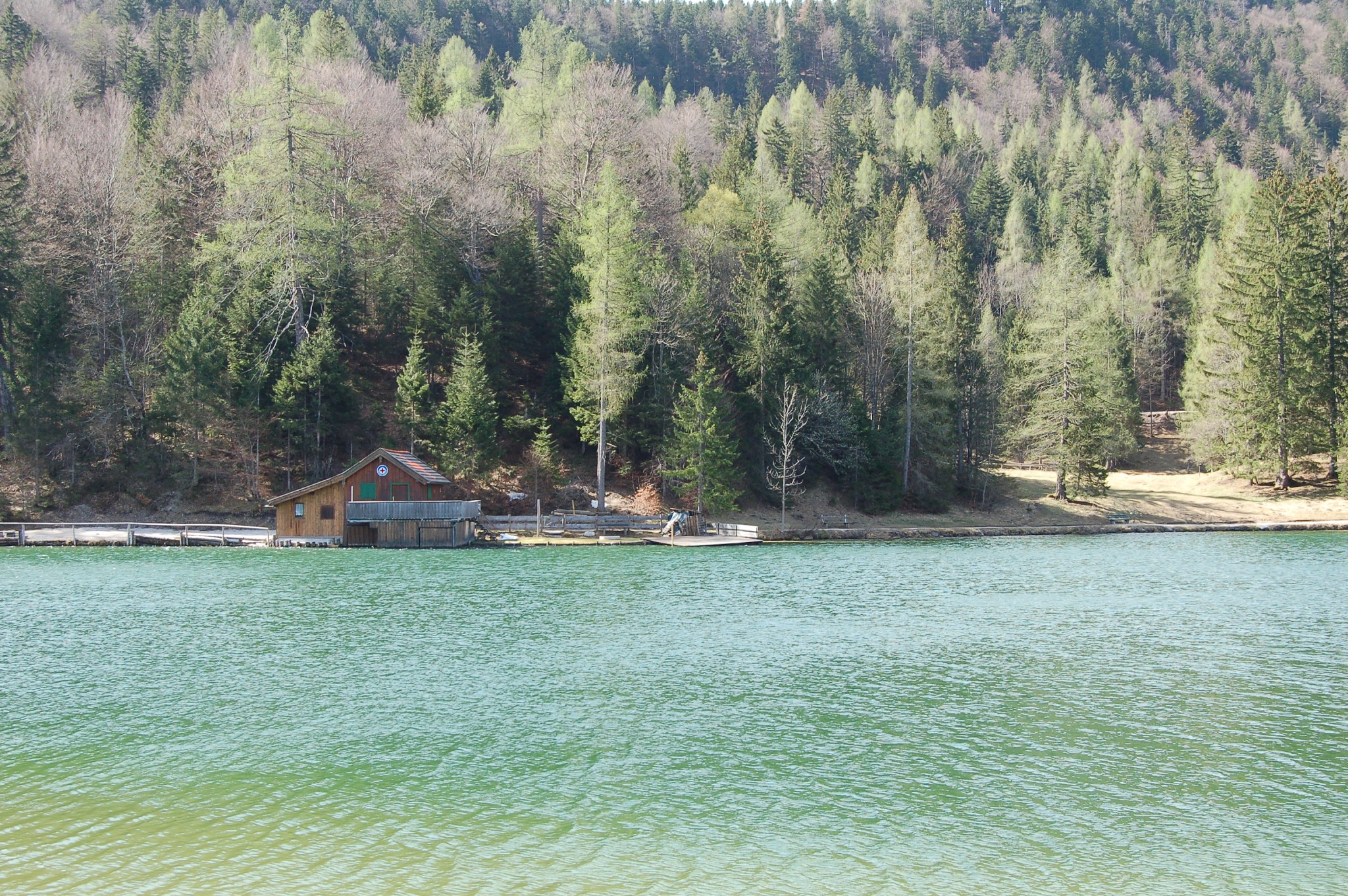 Turquoise lake and forested shore near Mittenwald