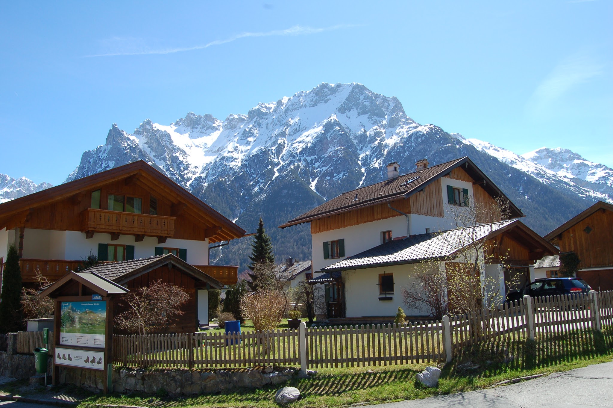 Bavarian houses below snowy mountains in Mittenwald