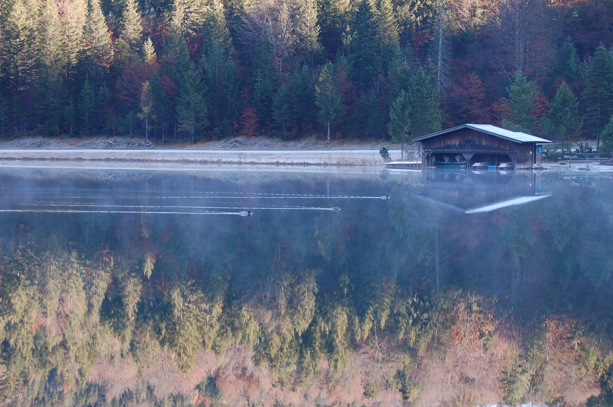 Boathouse and forest reflected in a quiet lake near Mittenwald