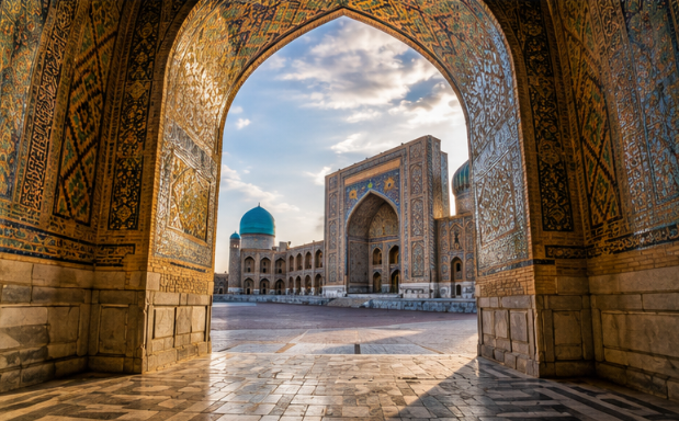 Registan Square seen through a richly tiled archway