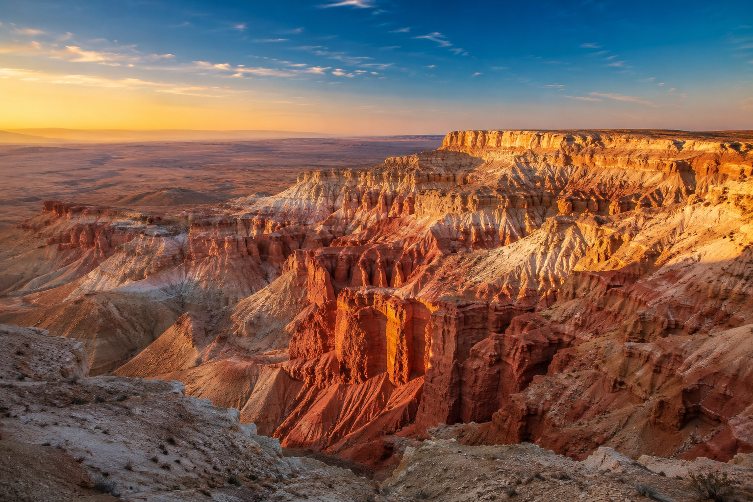 Layered red and cream cliffs of Yangykala Canyon in Turkmenistan